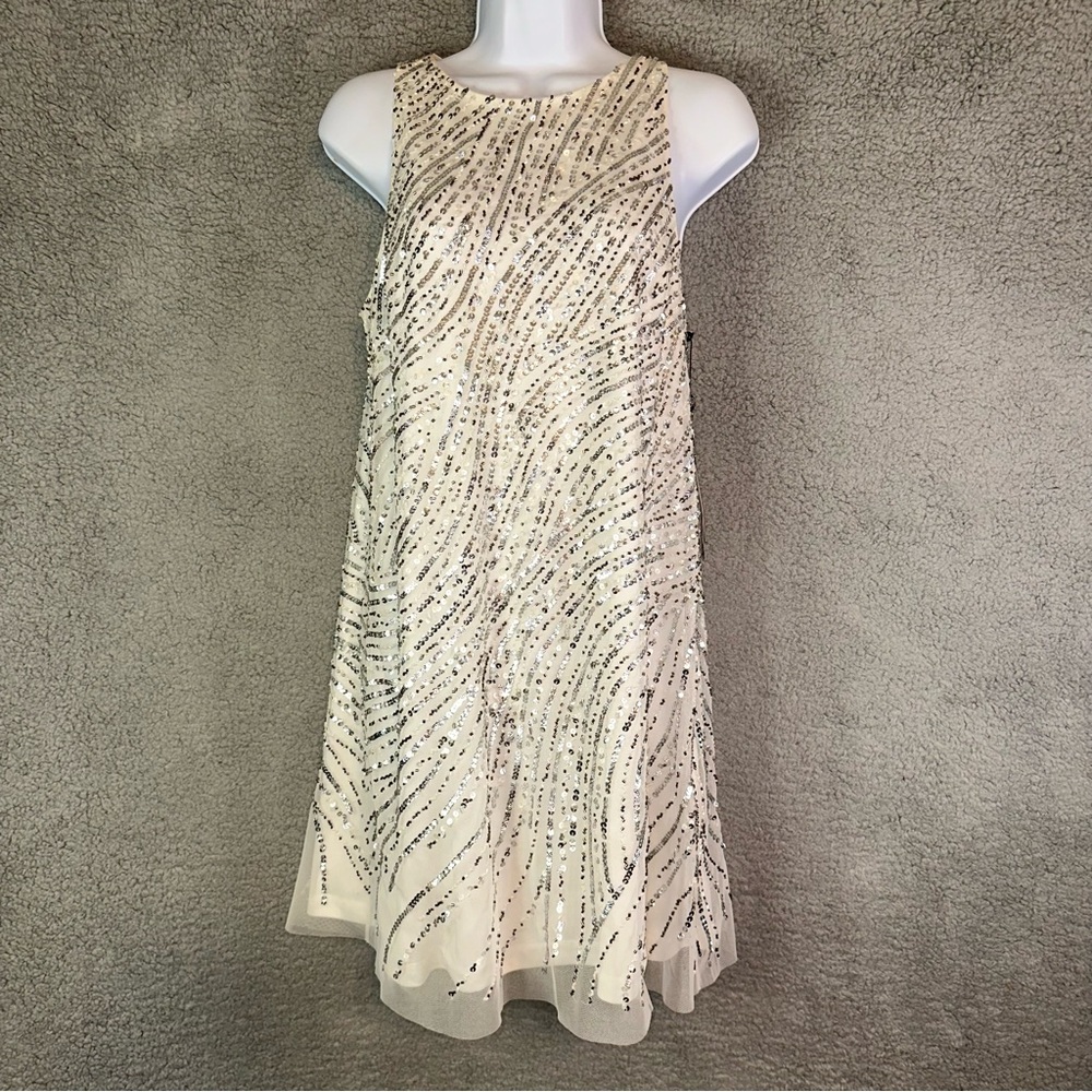 NWT ADRIANNA PAPELL Beaded Sequined Trapeze Mesh Shift Dress - Picture 2 of 11